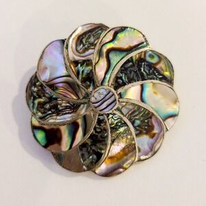 Vintage Alpaca Mexico Silver Inlaid Abalone Flower Brooch Pendant